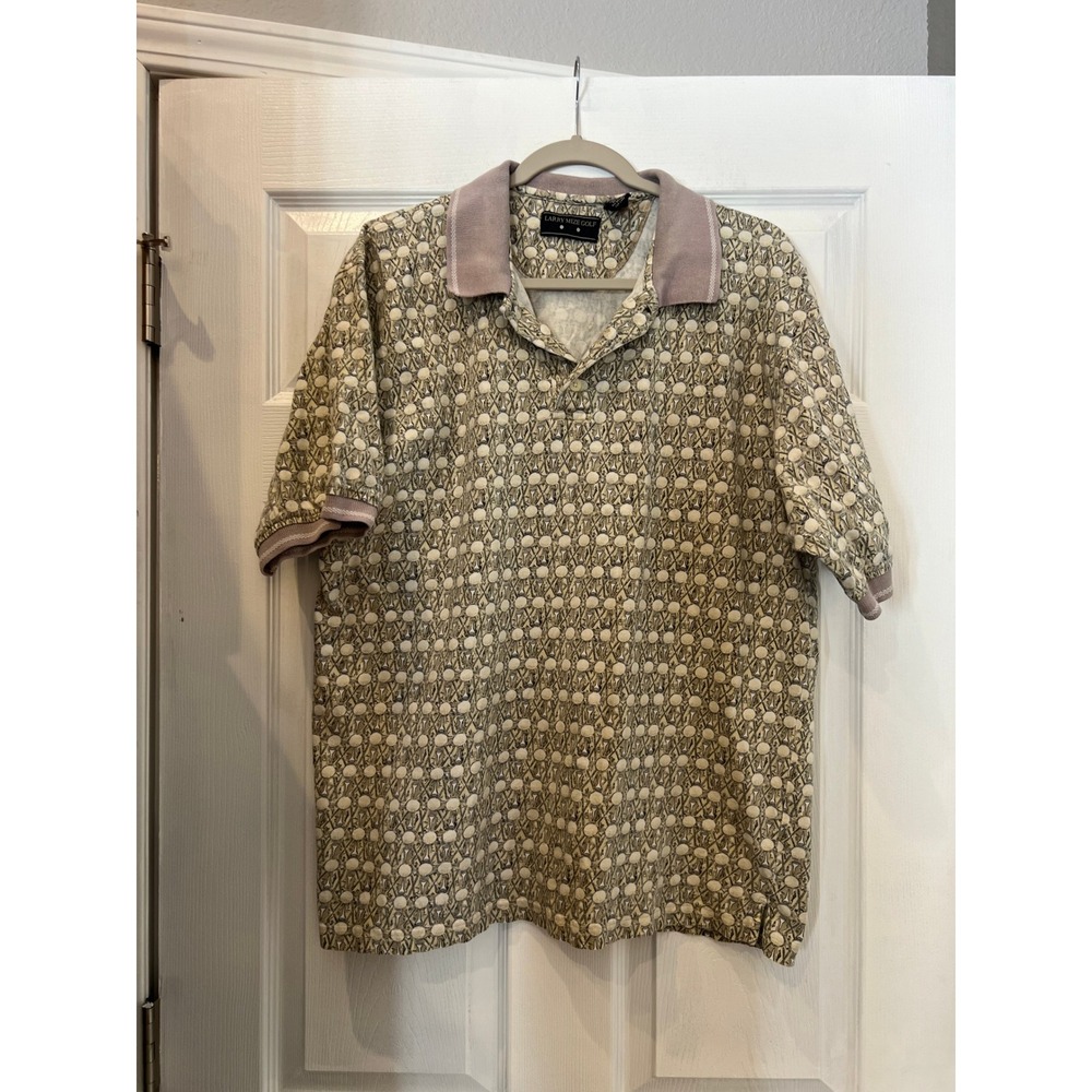 Vintage Larry Mize Golf Polo Shirt 100% Cotton Pique Sporty Novelty Print XL 90s